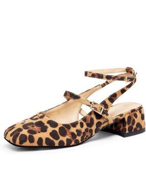 Women's Mary Jane Chunky Low Heels Closed Square Toe Ankle Strap Leopard Suede